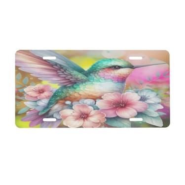 Imagem de Placa de licença de flores de primavera beija-flor para frente do carro placas de carro alumínio metal adequado para caminhão, placa de porta de carro, bar, café, acessórios automotivos para homens e