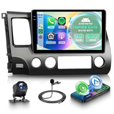 Imagem de Orderich Rádio veicular Android 4G + 64G para Honda Civic 2006-2011 com CarPlay sem fio Android Auto, tela sensível ao toque de 25,4 cm, conexão de espelho estéreo para carro, navegação GPS, WiFi