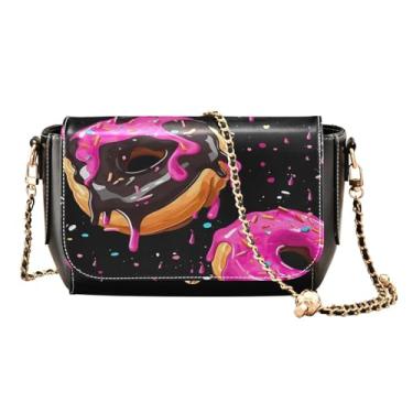 Imagem de Bolsa feminina de couro floral com flores em aquarela com bagas, bolsa de ombro média, bolsa transversal feminina de couro, Donut com cobertura rosa em preto-2, One Size