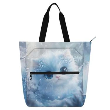 Imagem de GAIGEO Sacola feminina de trabalho com estampa de gatinho fofo e branca de neve com zíper, bolsa de praia utilitária infantil com compartimentos