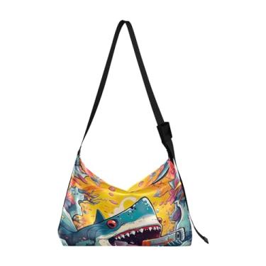Imagem de GAIGEO Bolsa tiracolo feminina de couro com pintura preta e dourada abstrata, bolsa tiracolo de couro vegano, bolsa grande com zíper, Happy Shark-3, One Size