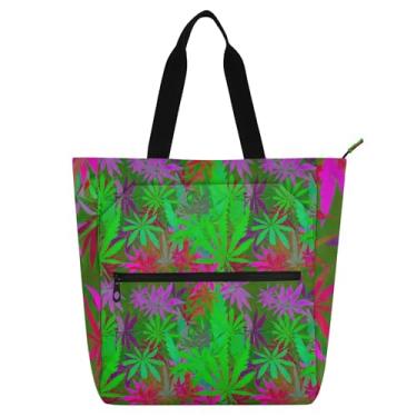 Imagem de GAIGEO Sacolas de trabalho coloridas com folhas de cannabis verdes para mulheres bolsa escolar de lona para professores presente para amantes de livros