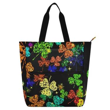 Imagem de GAIGEO Sacola de trabalho preta com folhas de trevo e estrelas para mulheres, bolsa escolar de lona, para professores, amantes de livros