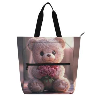 Imagem de GAIGEO Linda bolsa de mão de urso de pelúcia para crianças, mulheres, com zíper, escola, professor, trabalho, viagem, bolsa de lona reutilizável