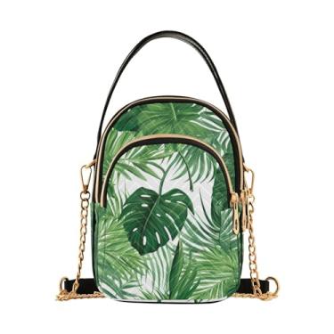 Imagem de GAIGEO Bolsa tiracolo azul e branca com alça de corrente, bolsas de ombro femininas, bolsas de ombro transversais para mulheres, Folhas de palmeira tropicais verdes-1, One Size