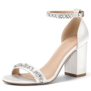 Imagem de COASIS Sandálias femininas de salto grosso, bico aberto, tira no tornozelo, 8,5 cm, Strass branco, 39