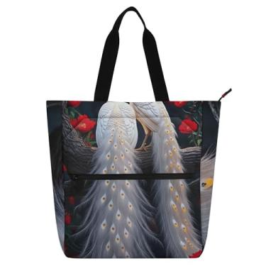 Imagem de Ramo de pavões brancos flores vermelhas bolsas de trabalho para mulheres lona praia escola bolsa utilitária bolsas infantis amantes de livros presentes
