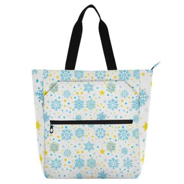 Imagem de GAIGEO Bolsas de trabalho brancas com estrelas azuis flocos de neve para mulheres, bolsa de lona para livros de praia, zíper para professores, presente para amantes de livros