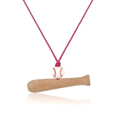 Imagem de Catuni Colar de beisebol, colar de taco de beisebol, pingente de bola e taco de madeira, presente de bola de clube, corda rosa