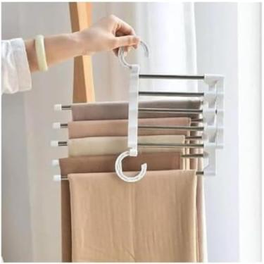 Imagem de Cabide Multifuncional 5 Divisórias Retrátil, Aço Inox e Plástico, Inox, 32x14x6,5cm, 130g, Suporta até 5kg