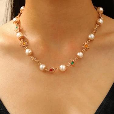 Imagem de Colar de pérolas douradas para mulheres, gargantilha de pérolas, colar de pérolas delicadas, flores douradas, sol, olho turco, colares de amizade, presentes para mulheres, Medium, Latão, Sem Pedra