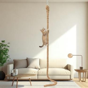 Imagem de GINDOOR Corda de escalada para gatos de 5 cm x 9,8 m com gancho, corda de juta natural para escalada de gatos para teto, durável, economia de espaço, brinquedo de escalada, arranhador, para ambientes