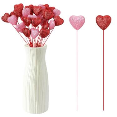 Imagem de 12 Palhetas de coração de espuma de glitter para Dia dos Namorados - Varas de coração inchadas brilhantes e vermelhas para arranjos de flores, casamentos, festas, artesanato, decorações