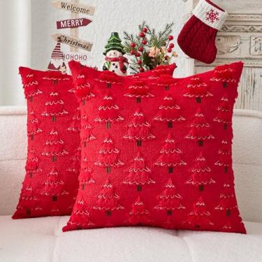 Imagem de Kevin Textile Capa de almofada de árvore de Natal 45,7 x 45,7 cm Conjunto de 2 fronhas de pelúcia macia com bordado de neve branca para sofá, sofá, festivais, presente de Natal de inverno, vermelho
