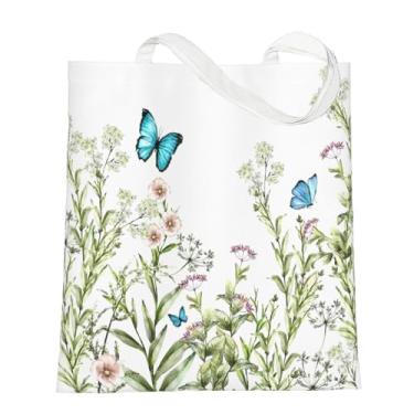 Imagem de OHZOLLAN Sacola feminina de lona de borboleta de flor de grande capacidade para compras de supermercado com bolsos internos com zíper