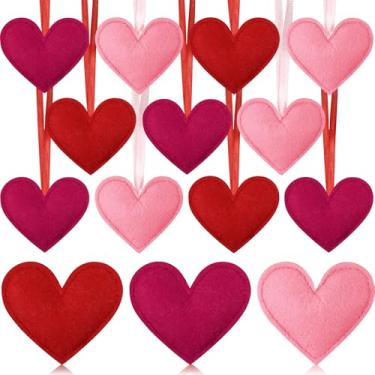 Imagem de Syhood 12 peças de enfeites de coração de feltro para decoração de coração de árvore para pendurar no dia dos namorados, casamento, aniversário, inverno, Natal, decoração de festa (rosa. Vermelho e