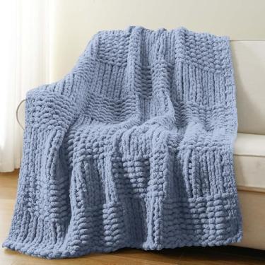 Imagem de Bunnikins & Clover Manta de malha grossa, manta de malha de chenille feita à mão para sofá, cobertor azul cinza para decoração de casa, 127 x 152 cm