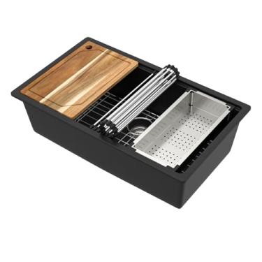 Imagem de Talllor Pia de cozinha composta de granito – Pia de cozinha de granito de 81 cm embaixo da estação de trabalho multifuncional quartzo preto fosco clássico sob o balcão pias de tigela única para