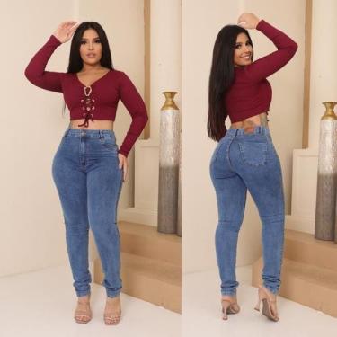 Imagem de Calça Jeans Feminina Skinny Cintura Alta Levanta Bumbum Com Lycra Moda