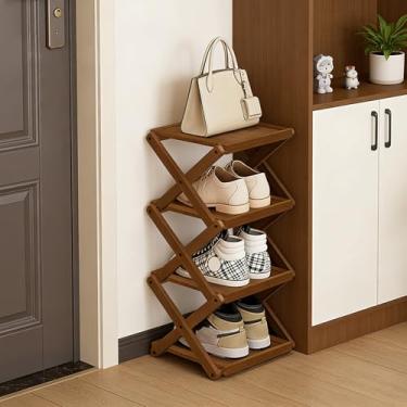Imagem de YYW Sapateira, prateleira dobrável de bambu, organizador independente de armazenamento de sapatos para entrada, quarto, armário, corredor, (marrom, 4 camadas, 25)