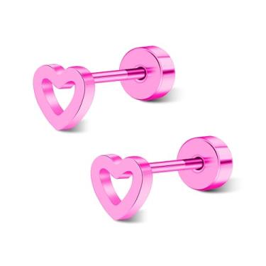 Imagem de Rocemuti Brincos de coração de titânio para mulheres, brincos de coração minimalistas hipoalergênicos, brincos de orelha de coração planos leves em ouro, prata, preto, rosa, 5mm, Titânio, Sem pedra