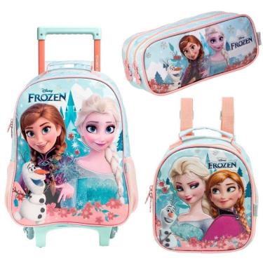 Imagem de Kit Mochila Com Carrinho alça nas costas com Lancheira e Estojo Frozen-Unissex