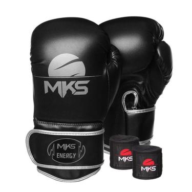 Imagem de Kit Luva de Boxe MKS Energy V2 Black & Silver e Bandagem Preta 2,55m-Unissex