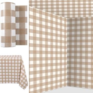 Imagem de Ctosree Toalha de mesa xadrez branca e caqui de 199,9 cm x 30,5 m, toalha de mesa descartável guingão para piquenique, churrasco, verão, casamento, festa de aniversário (cáqui e branco)