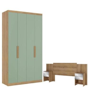 Imagem de Guarda Roupa Solteiro Milan 4 Portas Capuccino Menta Acetinado e Cabec