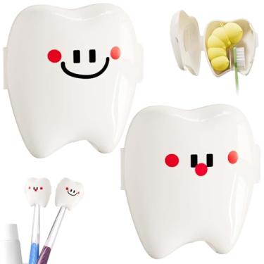 Imagem de Pacote com 2 capas de cabeça de escova de dentes em forma de dente - Protetor de escova de dentes de viagem com dispensador de pasta de dente embutido, estojo à prova de poeira e higiênico para