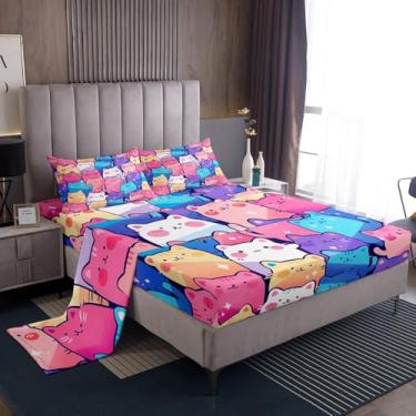 Imagem de Jogo de lençol kawaii, solteiro, com desenho de gatinho colorido, 3 peças, para meninos e meninas, adolescentes, lençol com elástico, 1 fronha