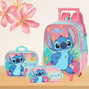 Imagem de Kit Escolar Mochila com Rodas + Lancheira Térmica + Estojo Stitch - - 