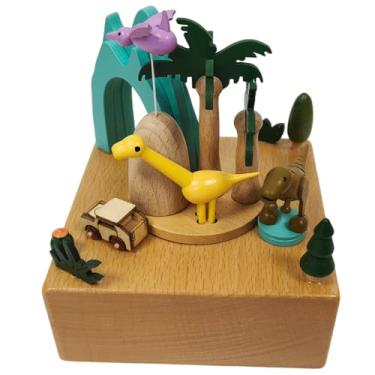 Imagem de Briskfeel Caixa de música de dinossauros jurássicos de madeira – Carro em movimento e dinossauro, caixa musical mecânica, presente para amantes de dinossauros e entusiastas de caixa de música