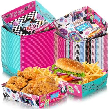 Imagem de Layhit 60 peças de artigos de festa dos anos 1950, barcos de comida, grandes bandejas de papel para servir hambúrguer, batatas fritas, cachorro-quente, taco, churrasco, pipoca, para balanço, música