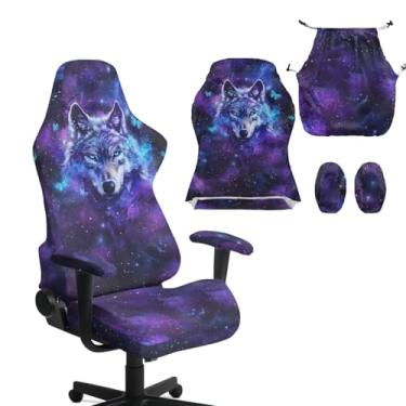 Imagem de GLENLCWE Capas para cadeira de jogos Galaxy Wolf com zíper, capa protetora de cadeira de mesa giratória extensível com capa de apoio de braço, capas laváveis que não desbotam para cadeiras de jogos