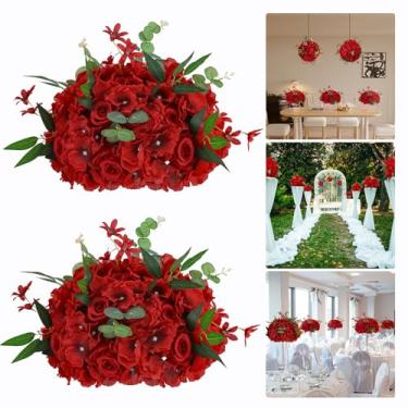 Imagem de QinmiGarden 2 peças de centro de mesa de casamento para mesas de 40 cm flores artificiais vermelhas arranjos de bolas de flores de seda floral para decoração de mesa de festa de Natal de casamento (2