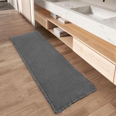 Imagem de Tapete Waffle Runner atualizado, tapete de banheiro super absorvente antiderrapante para piso de banheiro, tapete lavável com borlas, ideal para corredor, quarto, lavanderia, cinza escuro, 61 x 152 cm