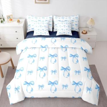 Imagem de Erosebridal Lindo conjunto de edredom solteiro com laço de fita, 7 peças em uma bolsa, lençol de princesa azul e fronhas, conjunto de cama moderno e simples com nó de laço para decoração de quarto