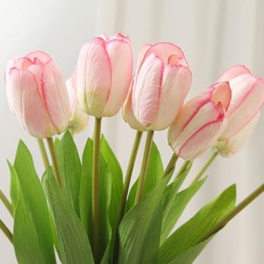 Imagem de 5 peças de tulipas de imitação de 48 cm, falsas, decorações de férias, decorações de casamento, decorações de jardim, acessórios de arranjo de flores (borda rosa claro)
