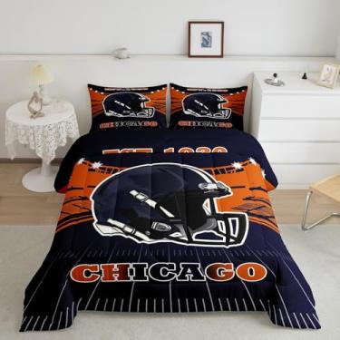 Imagem de Feelyou Jogo de cama solteiro com edredom de futebol americano, cidade de Chicago, edredom esportivo de futebol, capacete de futebol americano