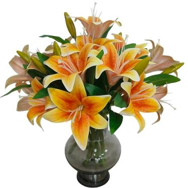 Imagem de ATFL Flores de lírios artificiais, 9 peças de flores de lírio falsas, ramos de lírio de tigre de 40 cm com 2 flores completas e 1 botão, plantas falsas de lírios falsos para arranjos florais de buquê