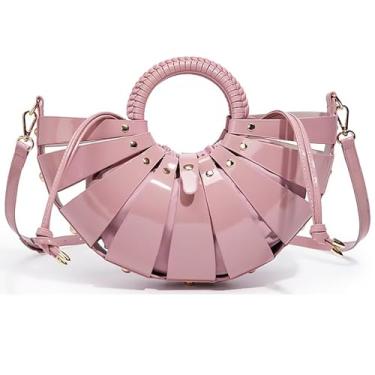 Imagem de louceko Bolsa de ombro feminina de couro PU, vazada, transversal, alça de tecido, concha para ventilador, cesta de vegetais, bolsa de mão, rosa, Medium