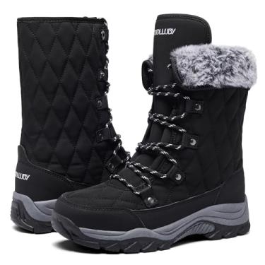 Imagem de TODDLLUBY Botas de neve femininas com cadarço e forro de pele quente impermeável até o meio da panturrilha botas de inverno para clima frio botas confortáveis para mulheres, Preto, 6.5