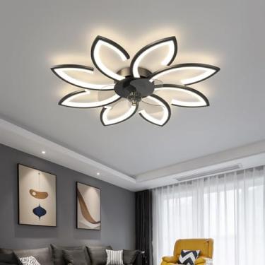 Imagem de Ventilador de teto LED com iluminação moderna, design em formato de flor com intensidade regulável, silencioso e com controle remoto para sala de estar e sala de jantar (Preto, Ø 90cm)
