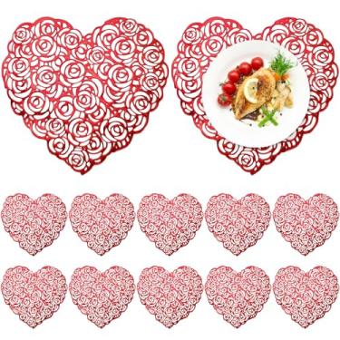Imagem de Yungyan 12 conjuntos de jogo americano de coração para dia dos namorados, 38 cm, vinil vermelho, prensado, metálico, decoração de mesa, tapetes românticos para casais, jantares, casamentos, festas de