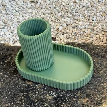 Imagem de Kit Bandeja Organizador 3D - Porta-Lápis, Caneta e Maquiagem para Escrivaninha, Escritório e Mesa, Decoração Funcional (Verde Oliva)