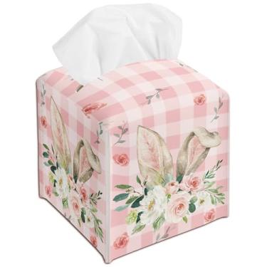 Imagem de Porta-caixa de lenços de papel Coelhinho da Páscoa - Capa de caixa de lenços de couro xadrez rosa organizador decorativo para banheiro, cozinha, quarto, carro, bancada, mesa de cabeceira - decoração