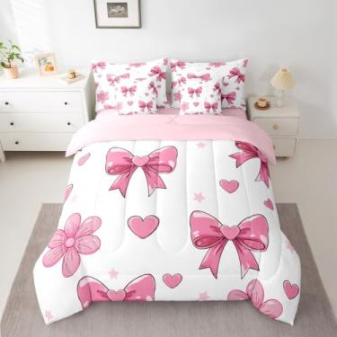 Imagem de jejeloiu Conjunto de edredom completo com laço rosa, para crianças, meninos, meninas, 7 peças, branco, rosa, decoração de quarto de microfibra