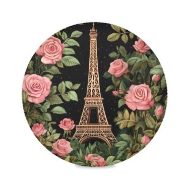 Imagem de STAYTOP Jogo americano redondo da Torre Eiffel rosa romântica 6 peças, tapetes de mesa antiderrapantes fáceis de limpar para decoração de mesa de festa e churrasco
