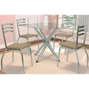 Imagem de Sala Jantar Mesa Volga c/ Tampo de Vidro 90cm e 4 Cadeiras Portugal Cromada - Corano Capuccino - Kappesberg